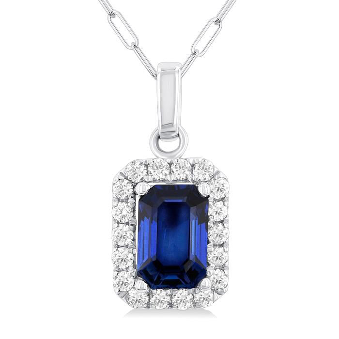 Emerald Shape Sapphire Gemstone & Halo Diamond Pendant