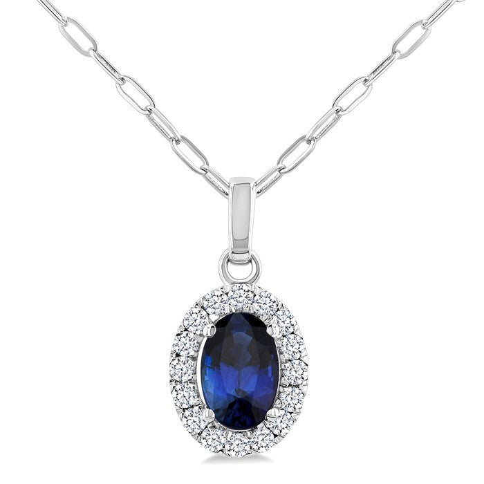 6x4 MM Oval Shape Sapphire and 1/6 Ctw Round Cut Diamond Halo Precious Pendant with Chain in 14K White Gold