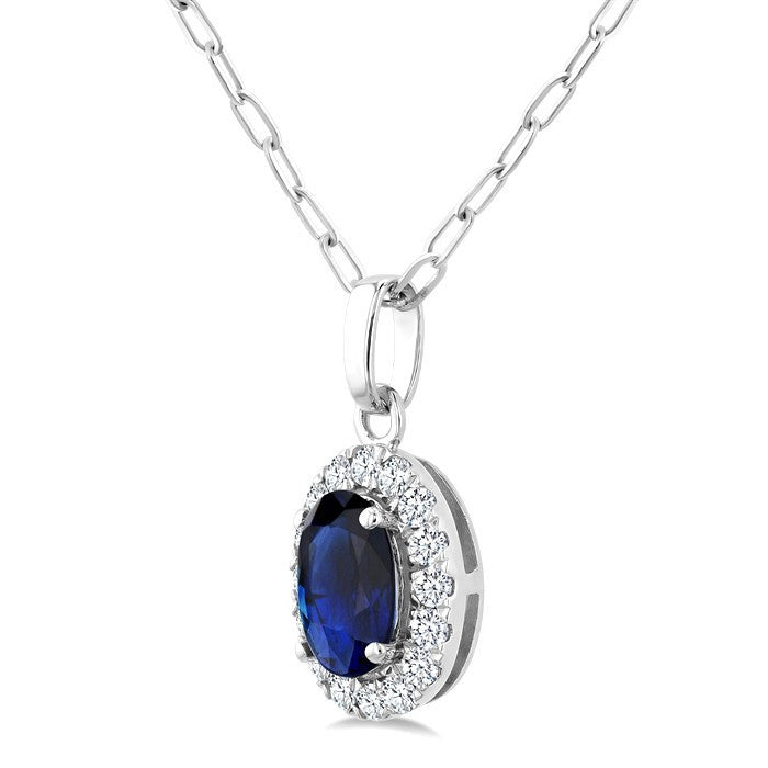 6x4 MM Oval Shape Sapphire and 1/6 Ctw Round Cut Diamond Halo Precious Pendant with Chain in 14K White Gold