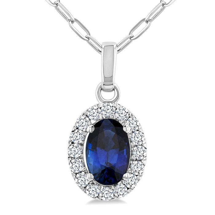 6x4 MM Oval Shape Sapphire and 1/6 Ctw Round Cut Diamond Halo Precious Pendant with Chain in 14K White Gold