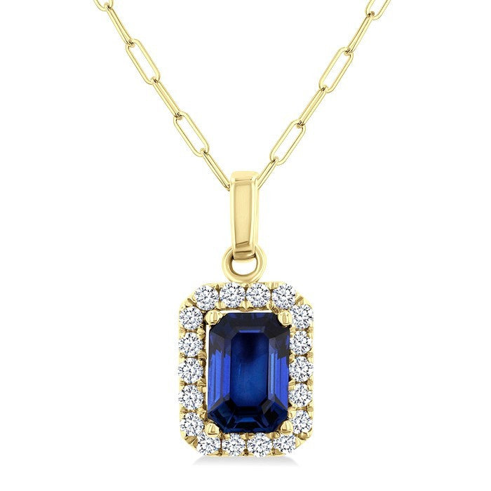 6x4 MM Octagonal Shape Sapphire and 1/6 Ctw Round Cut Diamond Halo Precious Pendant with Chain in 14K Yellow Gold