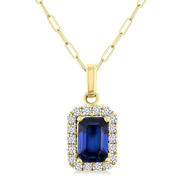 6x4 MM Octagonal Shape Sapphire and 1/6 Ctw Round Cut Diamond Halo Precious Pendant with Chain in 14K Yellow Gold