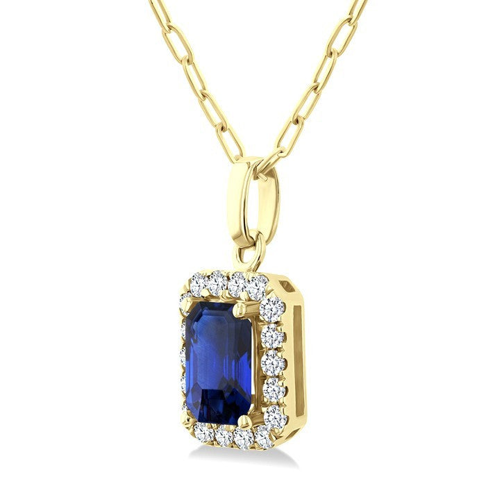 6x4 MM Octagonal Shape Sapphire and 1/6 Ctw Round Cut Diamond Halo Precious Pendant with Chain in 14K Yellow Gold