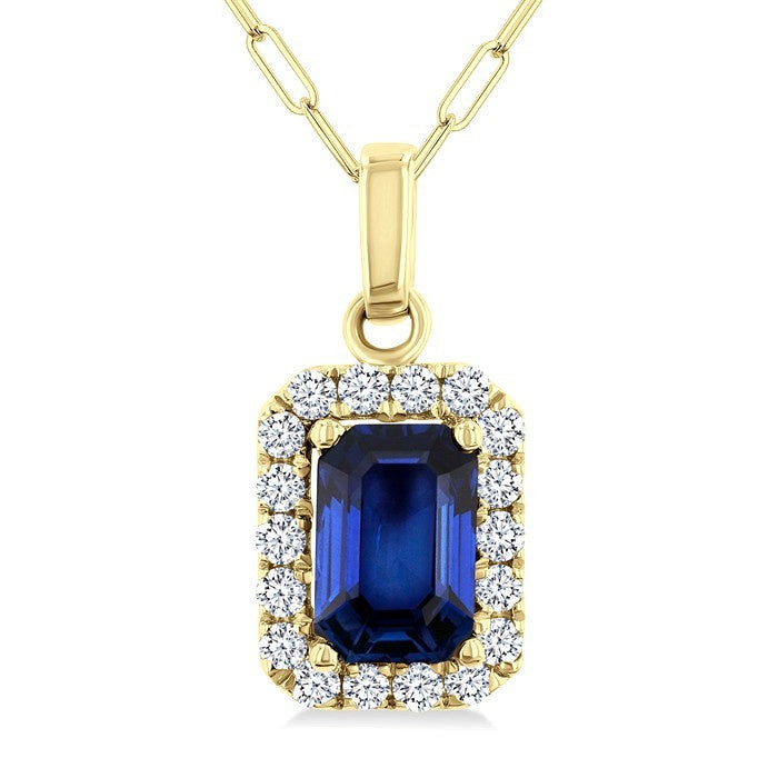 6x4 MM Octagonal Shape Sapphire and 1/6 Ctw Round Cut Diamond Halo Precious Pendant with Chain in 14K Yellow Gold