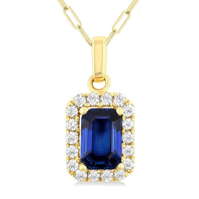 Celestia Emerald Shape Gemstone & Halo Diamond Pendant