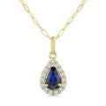6x4 MM Pear Shape Sapphire and 1/6 Ctw Round Cut Diamond Halo Precious Pendant with Chain in 14K Yellow Gold
