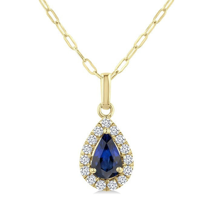 6x4 MM Pear Shape Sapphire and 1/6 Ctw Round Cut Diamond Halo Precious Pendant with Chain in 14K Yellow Gold