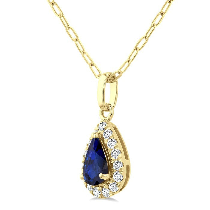 6x4 MM Pear Shape Sapphire and 1/6 Ctw Round Cut Diamond Halo Precious Pendant with Chain in 14K Yellow Gold