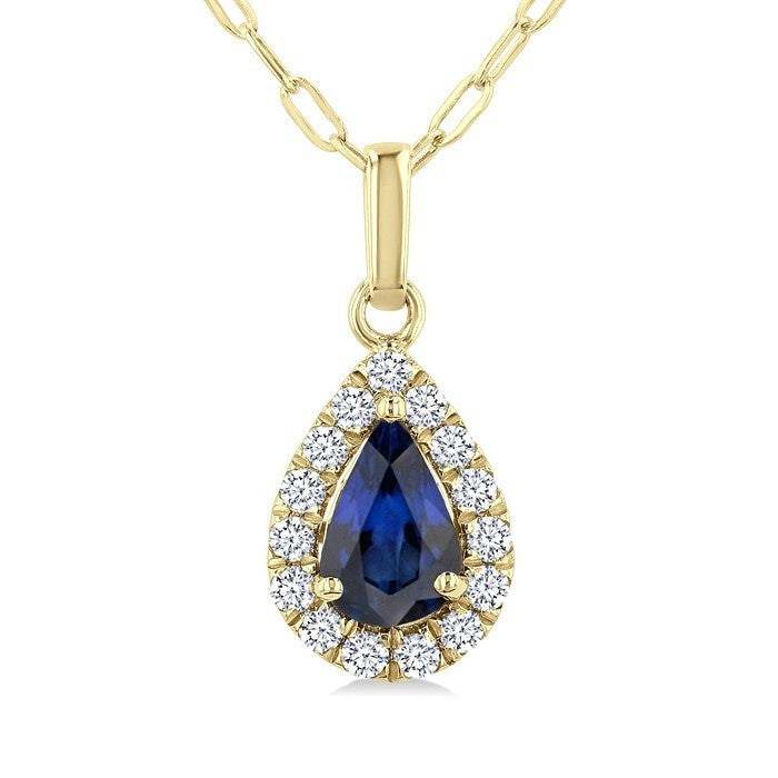 6x4 MM Pear Shape Sapphire and 1/6 Ctw Round Cut Diamond Halo Precious Pendant with Chain in 14K Yellow Gold