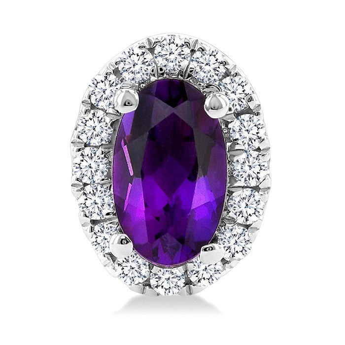 5x3 MM Oval Shape Amethyst and 1/8 Ctw Round Cut Diamond Halo Semi-Precious Stud Earrings in 14K White Gold