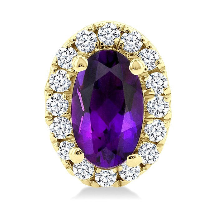 5X3 MM Oval Shape Amethyst and 1/8 Ctw Round Cut Diamond Halo Semi-Precious Stud Earrings in 14K Yellow Gold