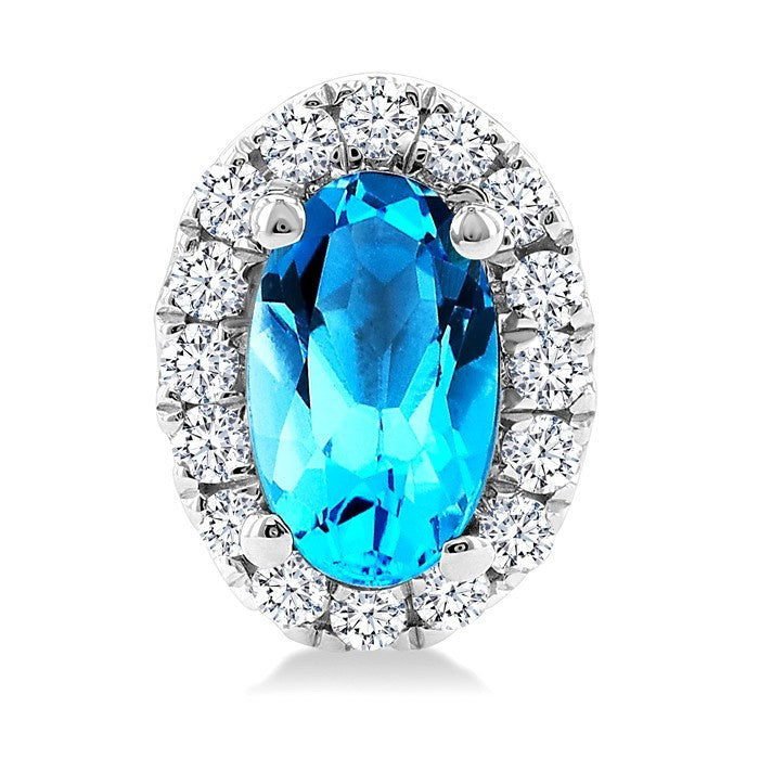 5x3 MM Oval Shape Blue Topaz and 1/8 Ctw Round Cut Diamond Halo Semi-Precious Stud Earrings in 14K White Gold