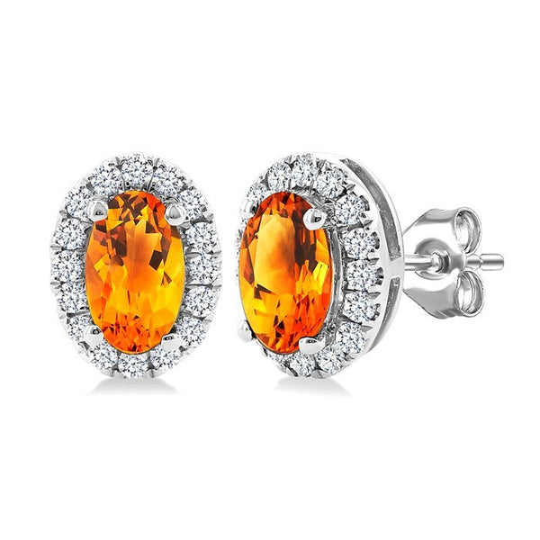 5x3 MM Oval Shape Citrine and 1/8 Ctw Round Cut Diamond Halo Semi-Precious Stud Earrings in 14K White Gold