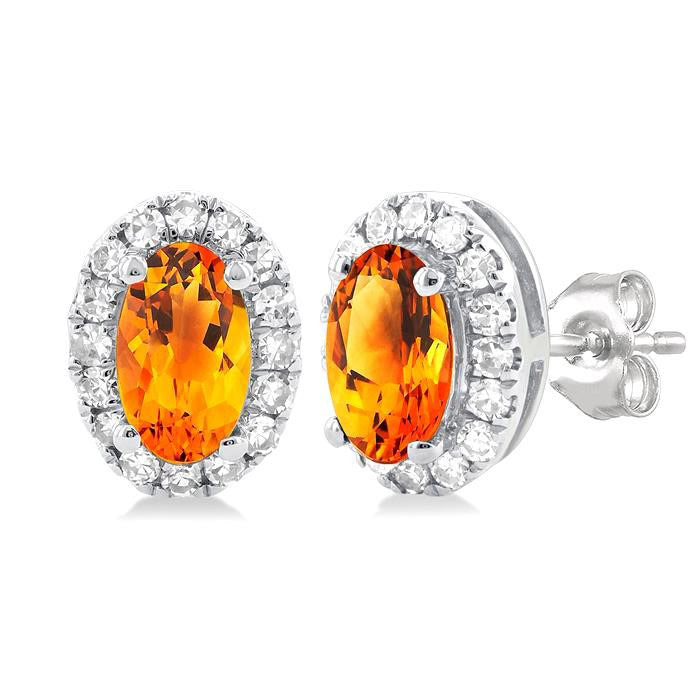 Oval Shape Gemstone & Halo Diamond Earrings