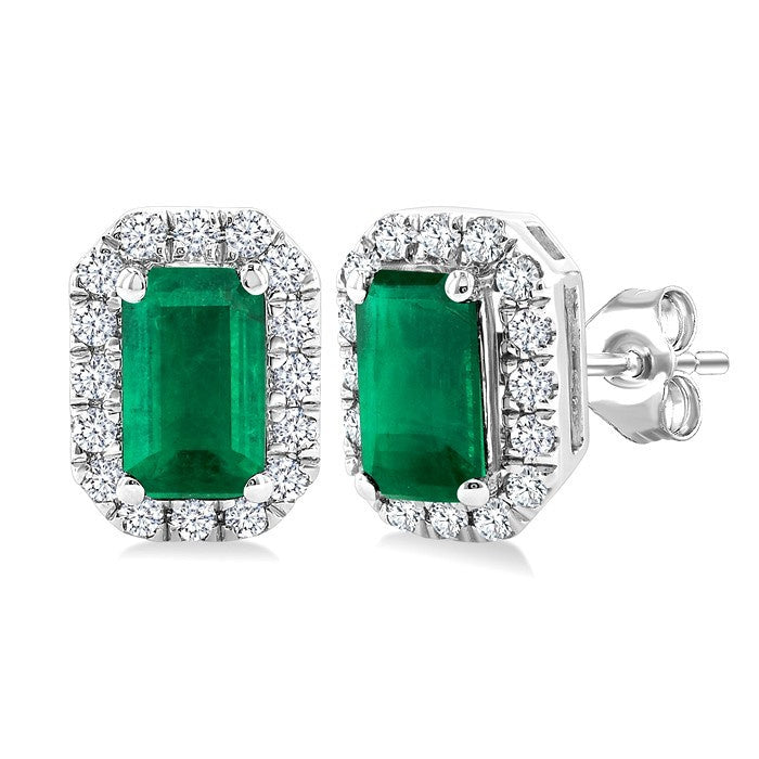 5x3 MM Octagonal Shape Emerald and 1/8 Ctw Round Cut Diamond Halo Precious Stud Earrings in 14K White Gold