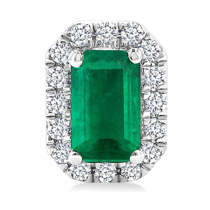 5x3 MM Octagonal Shape Emerald and 1/8 Ctw Round Cut Diamond Halo Precious Stud Earrings in 14K White Gold
