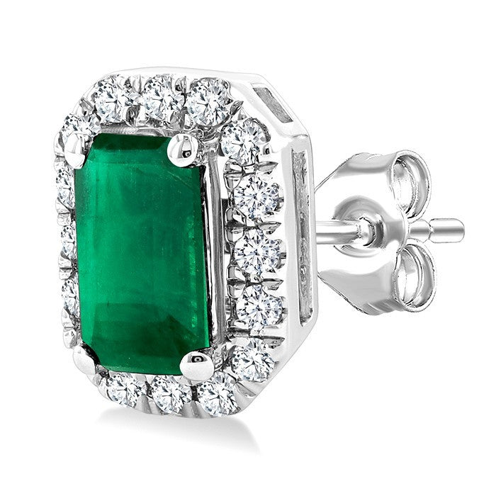 5x3 MM Octagonal Shape Emerald and 1/8 Ctw Round Cut Diamond Halo Precious Stud Earrings in 14K White Gold
