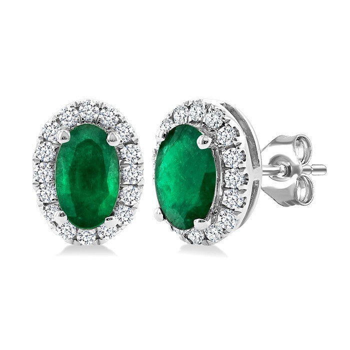 5x3 MM Oval Shape Emerald and 1/8 Ctw Round Cut Diamond Halo Precious Stud Earrings in 14K White Gold