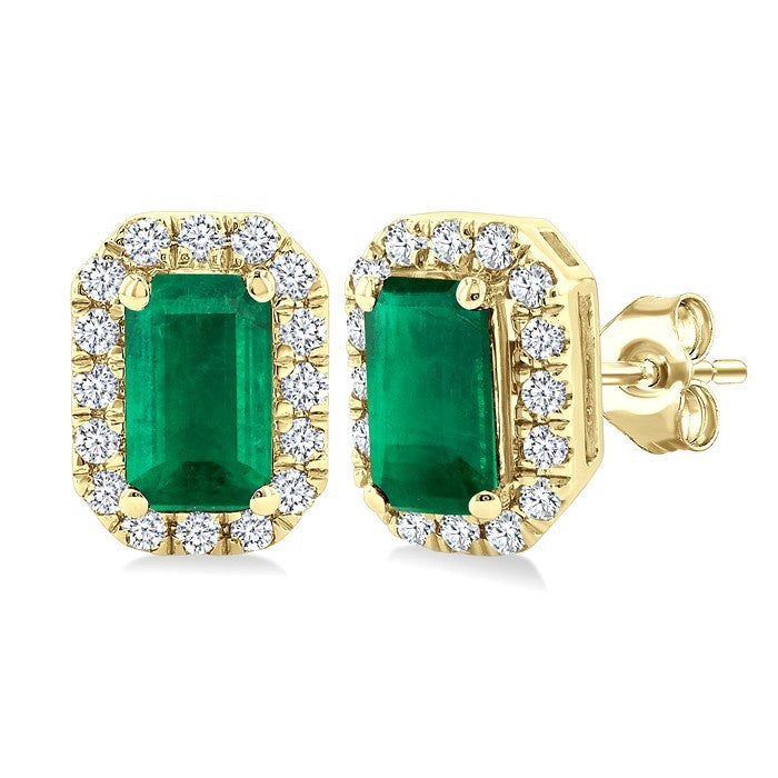 5x3 MM Octagonal Shape Emerald and 1/8 Ctw Round Cut Diamond Halo Precious Stud Earrings in 14K Yellow Gold