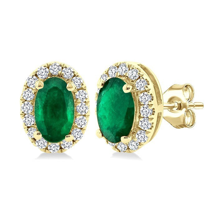 5X3 MM Oval Shape Emerald and 1/8 Ctw Round Cut Diamond Halo Precious Stud Earrings in 14K Yellow Gold