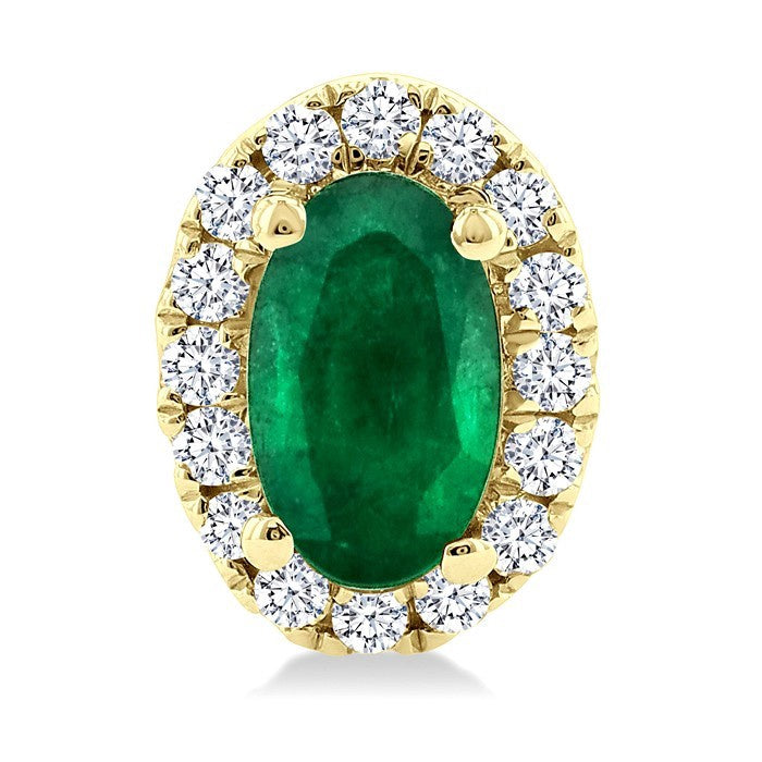 5X3 MM Oval Shape Emerald and 1/8 Ctw Round Cut Diamond Halo Precious Stud Earrings in 14K Yellow Gold