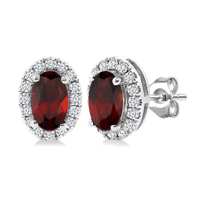 5x3 MM Oval Shape Garnet and 1/8 Ctw Round Cut Diamond Halo Semi-Precious Stud Earrings in 14K White Gold