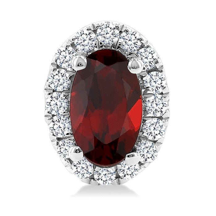 5x3 MM Oval Shape Garnet and 1/8 Ctw Round Cut Diamond Halo Semi-Precious Stud Earrings in 14K White Gold