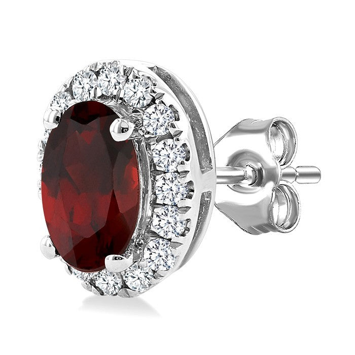 5x3 MM Oval Shape Garnet and 1/8 Ctw Round Cut Diamond Halo Semi-Precious Stud Earrings in 14K White Gold