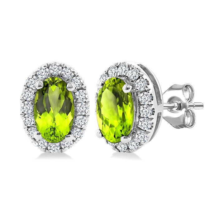 5x3 MM Oval Shape Peridot and 1/8 Ctw Round Cut Diamond Halo Semi-Precious Stud Earrings in 14K White Gold