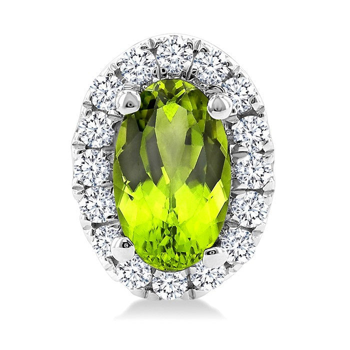 5x3 MM Oval Shape Peridot and 1/8 Ctw Round Cut Diamond Halo Semi-Precious Stud Earrings in 14K White Gold