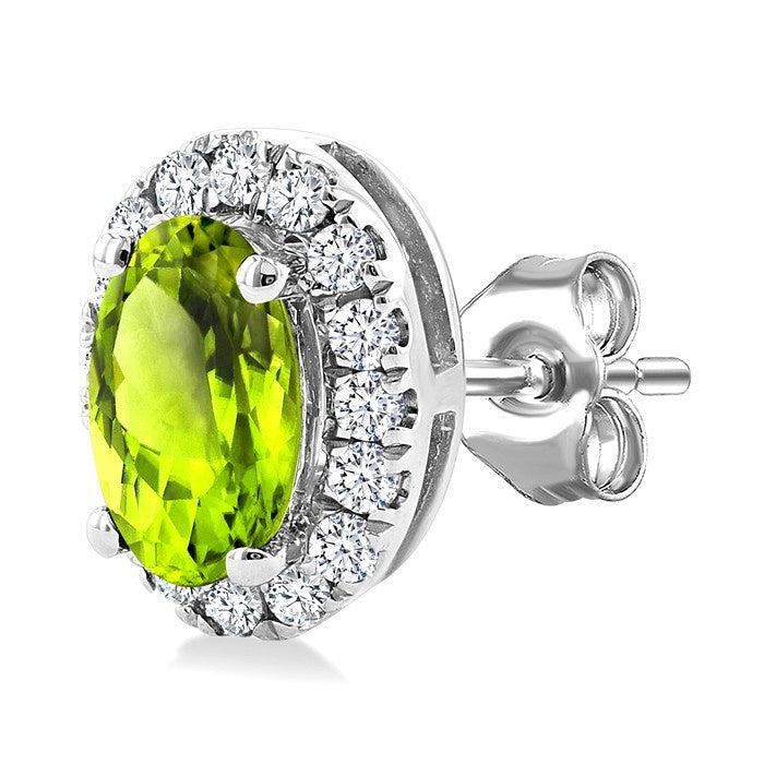 5x3 MM Oval Shape Peridot and 1/8 Ctw Round Cut Diamond Halo Semi-Precious Stud Earrings in 14K White Gold