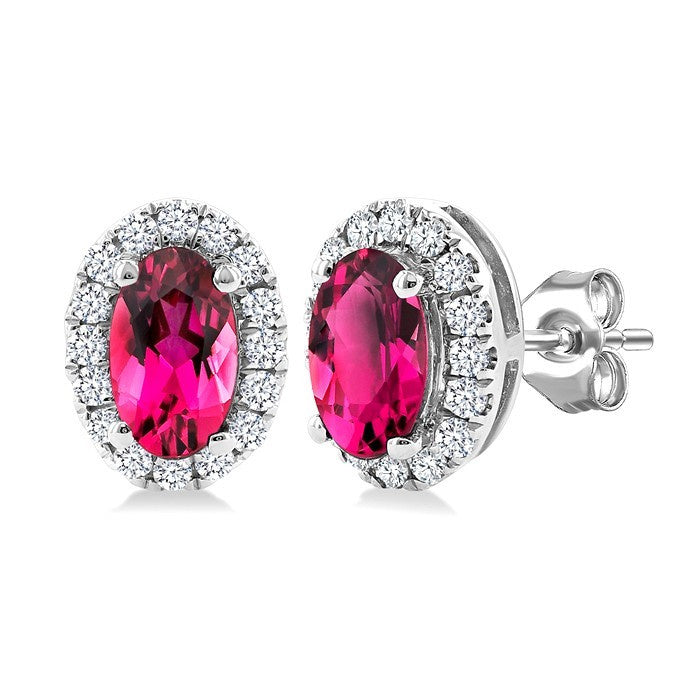 5x3 MM Oval Shape Pink Tourmaline and 1/8 Ctw Round Cut Diamond Halo Semi-Precious Stud Earrings in 14K White Gold