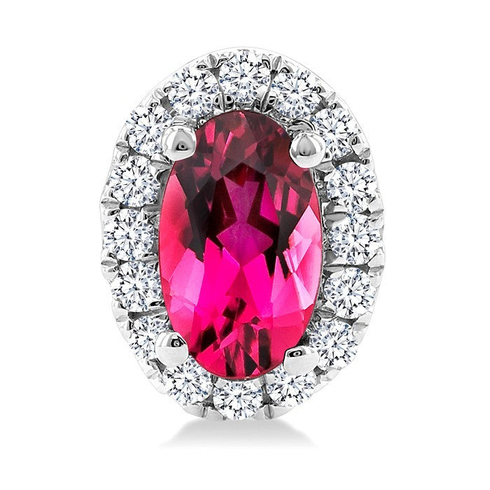 5x3 MM Oval Shape Pink Tourmaline and 1/8 Ctw Round Cut Diamond Halo Semi-Precious Stud Earrings in 14K White Gold