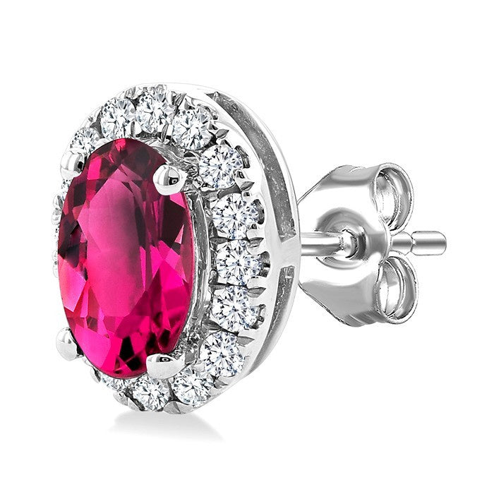 5x3 MM Oval Shape Pink Tourmaline and 1/8 Ctw Round Cut Diamond Halo Semi-Precious Stud Earrings in 14K White Gold