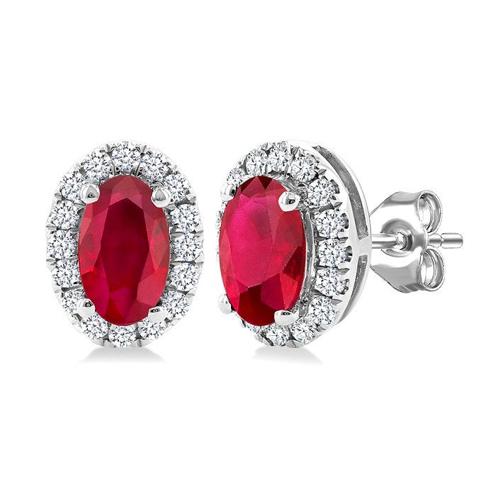 5x3 MM Oval Shape Ruby and 1/8 Ctw Round Cut Diamond Halo Precious Stud Earrings in 14K White Gold