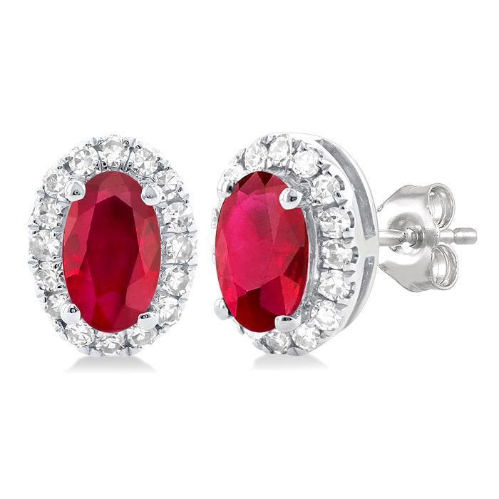 Oval Shape Gemstone & Halo Diamond Stud Earrings