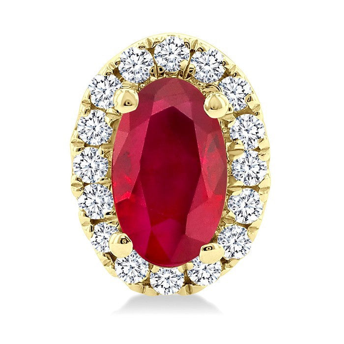 5X3 MM Oval Shape Ruby and 1/8 Ctw Round Cut Diamond Halo Precious Stud Earrings in 14K Yellow Gold
