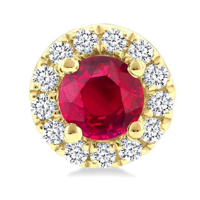 3.25 MM Round Ruby and 1/10 Ctw Round Cut Diamond Halo Precious Stud Earrings in 14K Yellow Gold
