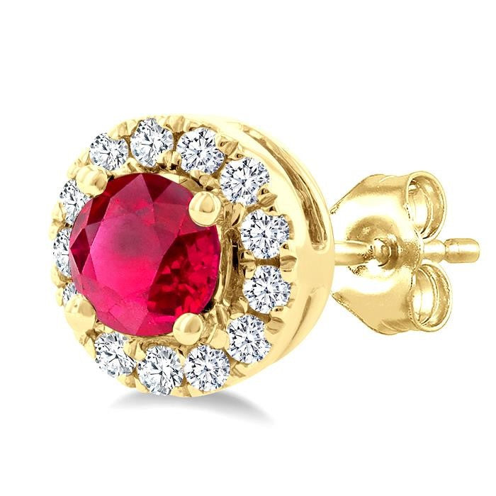 3.25 MM Round Ruby and 1/10 Ctw Round Cut Diamond Halo Precious Stud Earrings in 14K Yellow Gold