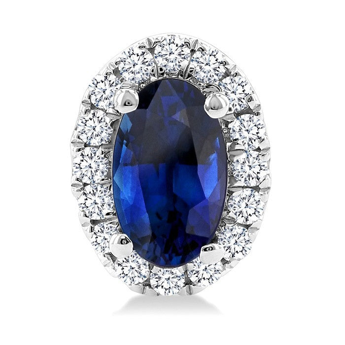 5x3 MM Oval Shape Sapphire and 1/8 Ctw Round Cut Diamond Halo Precious Stud Earrings in 14K White Gold