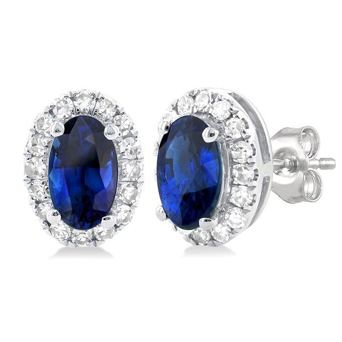 Oval Shape Gemstone & Halo Diamond Stud Earrings