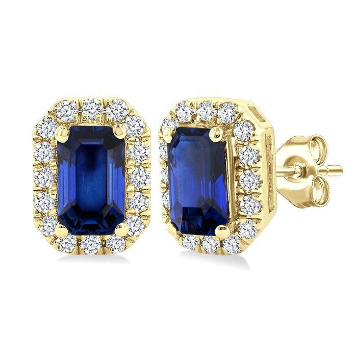5x3 MM Octagonal Shape Sapphire and 1/8 Ctw Round Cut Diamond Halo Precious Stud Earrings in 14K Yellow Gold