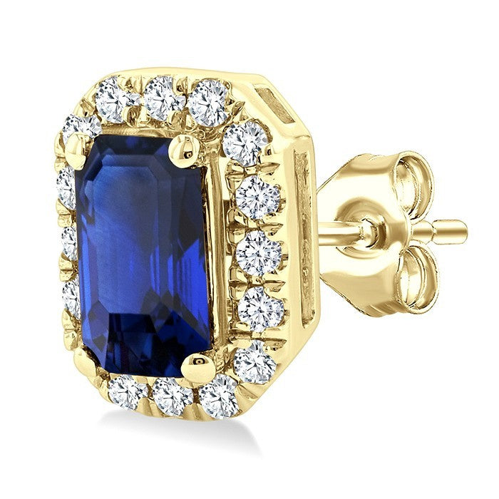 5x3 MM Octagonal Shape Sapphire and 1/8 Ctw Round Cut Diamond Halo Precious Stud Earrings in 14K Yellow Gold