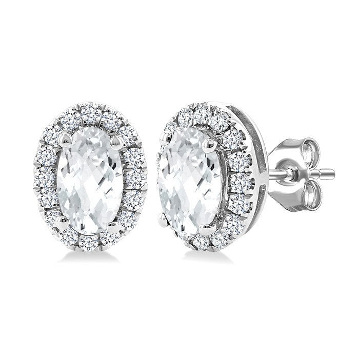 5x3 MM Oval Shape White Topaz and 1/8 Ctw Round Cut Diamond Halo Semi-Precious Stud Earrings in 14K White Gold