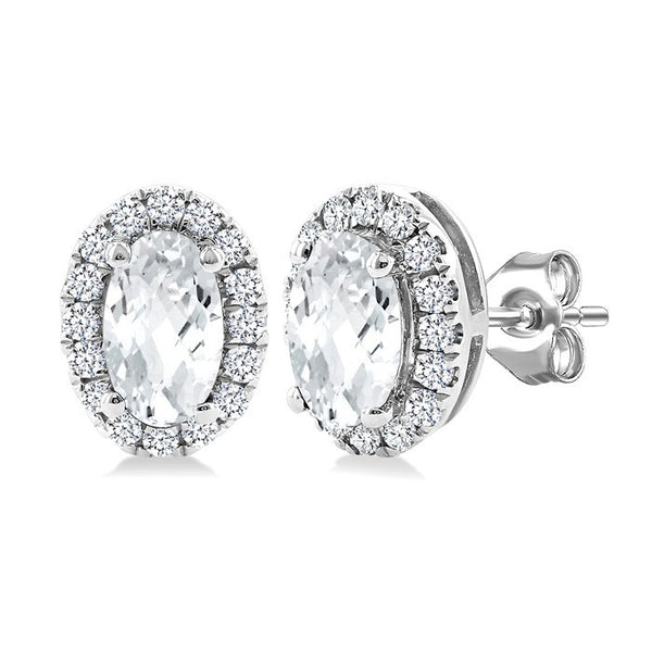 5x3 MM Oval Shape White Topaz and 1/8 Ctw Round Cut Diamond Halo Semi-Precious Stud Earrings in 14K White Gold