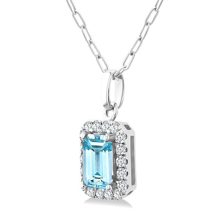 6x4 MM Octagonal Shape Aquamarine and 1/6 Ctw Round Cut Diamond Halo Semi-Precious Pendant with Chain in 10K White Gold