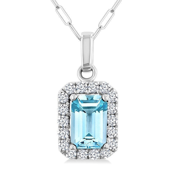 6x4 MM Octagonal Shape Aquamarine and 1/6 Ctw Round Cut Diamond Halo Semi-Precious Pendant with Chain in 10K White Gold