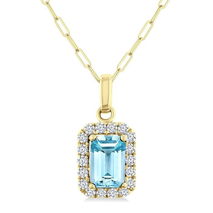 6x4 MM Octagonal Shape Aquamarine and 1/6 Ctw Round Cut Diamond Halo Semi-Precious Pendant with Chain in 10K Yellow Gold