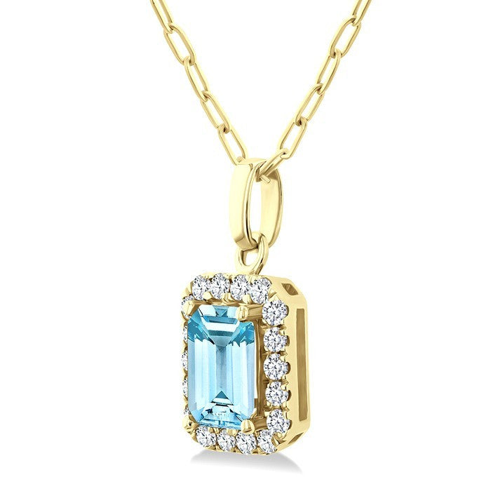 6x4 MM Octagonal Shape Aquamarine and 1/6 Ctw Round Cut Diamond Halo Semi-Precious Pendant with Chain in 10K Yellow Gold