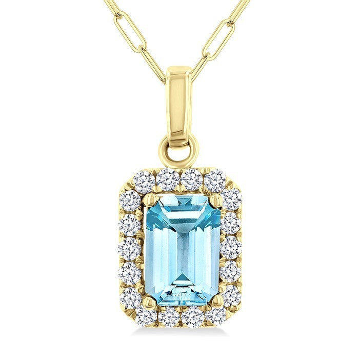 6x4 MM Octagonal Shape Aquamarine and 1/6 Ctw Round Cut Diamond Halo Semi-Precious Pendant with Chain in 10K Yellow Gold